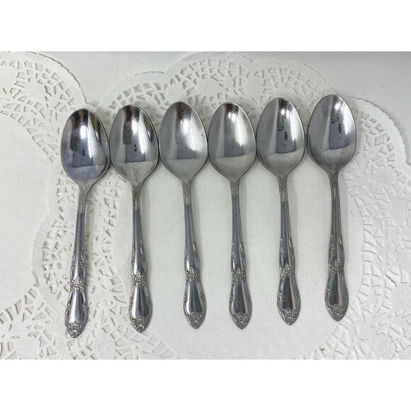 Lot of 6 Oneida FENWAY Dream Glossy Stainless Soup Spoons Wm A Rogers Vintage - Picture 1 of 7